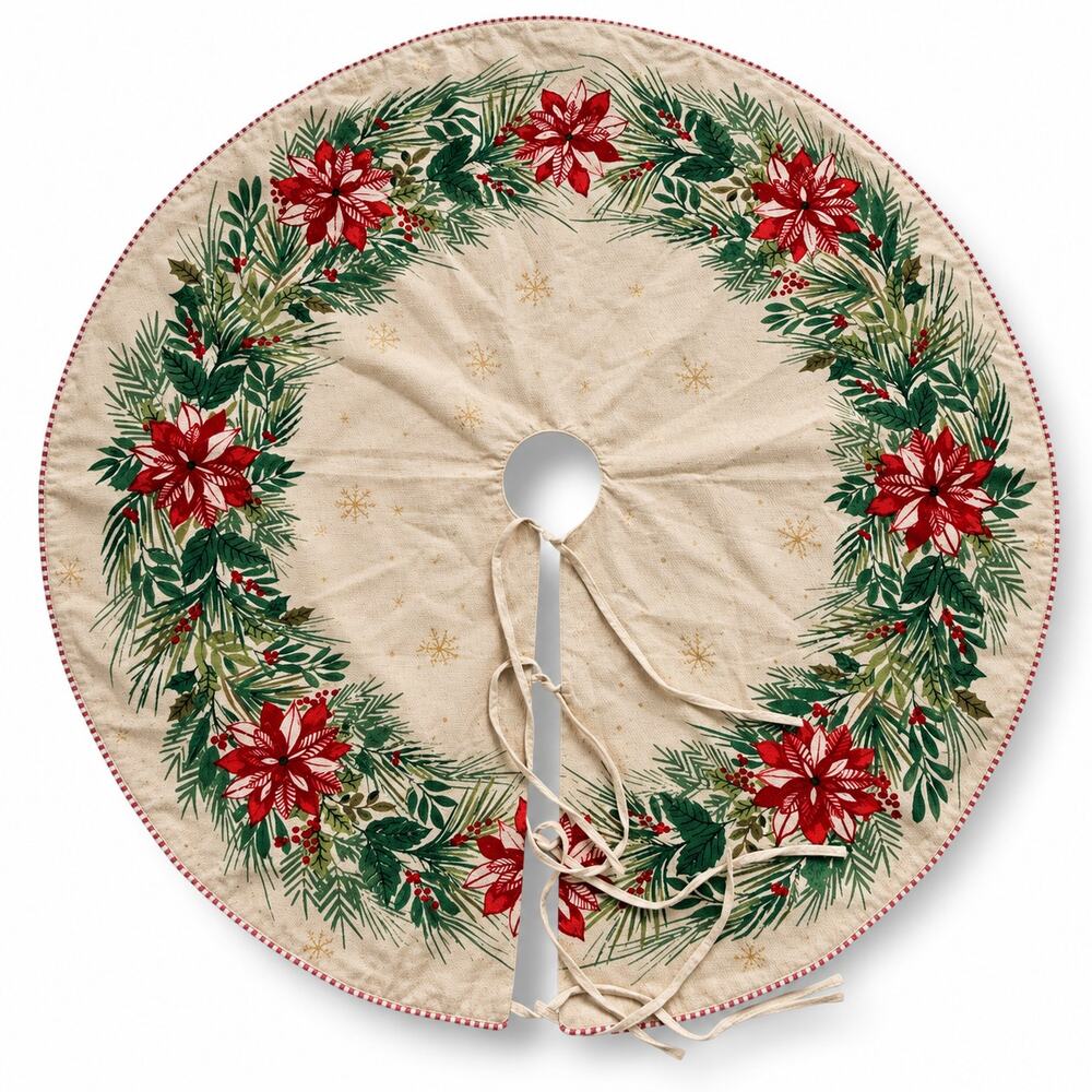 Nicole Miller Home Christmas Tree Skirt 53" Poinsettia Evergreen Cotton Beige